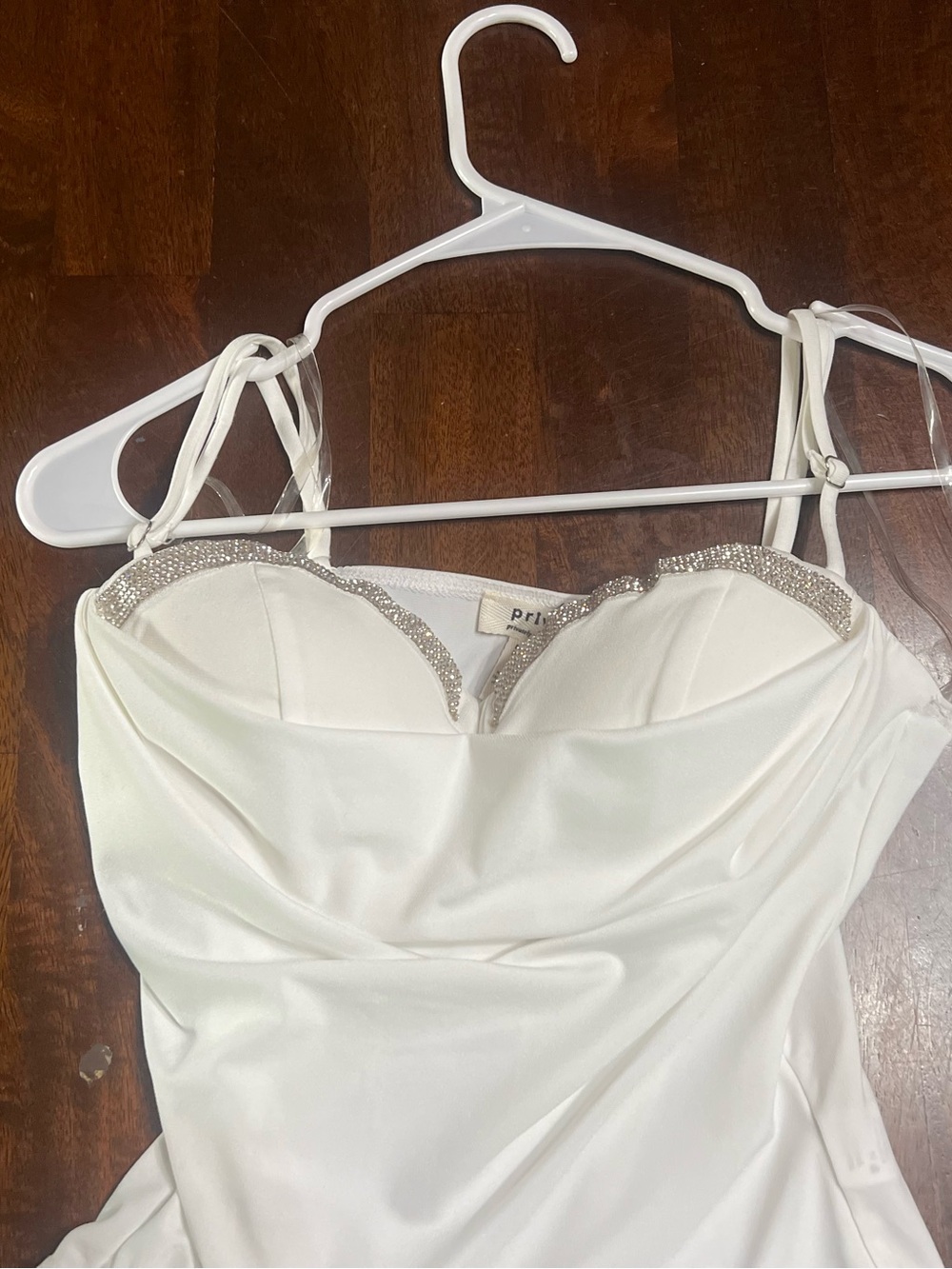 privy White Satin Bodysuit with Rhinestone Trim